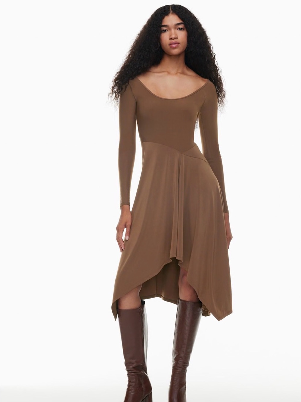 Aritzia Brown Nuage Asymmetric Long-Sleeve Midi Dress